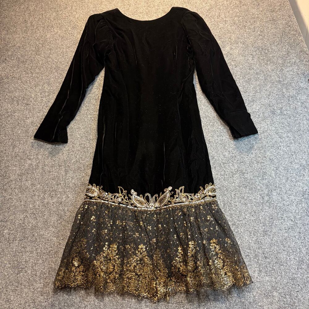 Oscar de la Renta Black Velvet Midi Dress Gown with Gold Embellished Hem
